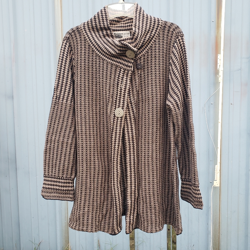 Habitat Tan and Black Boho Woven Snap Shawl Collar Cardigan Jacket